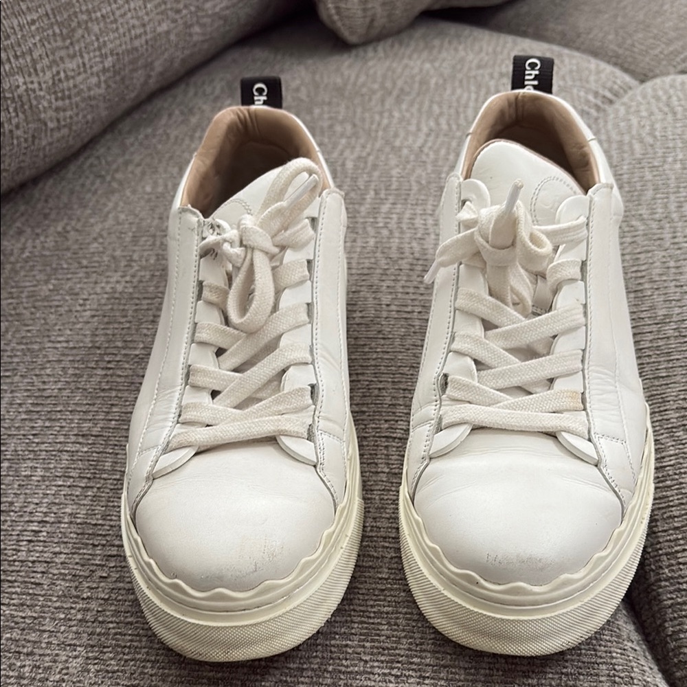 Chloe Scalloped Leather White Sneakers with Textured Upper and Thick Sole